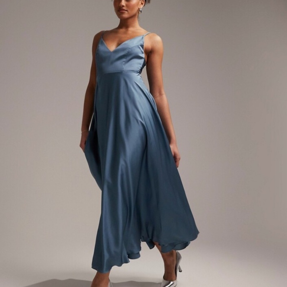 ASOS EDITION satin midi dress with tie back in dusky blue